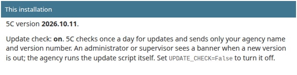 The This installation box on the admin side's front page, with the 5C version and the update check line