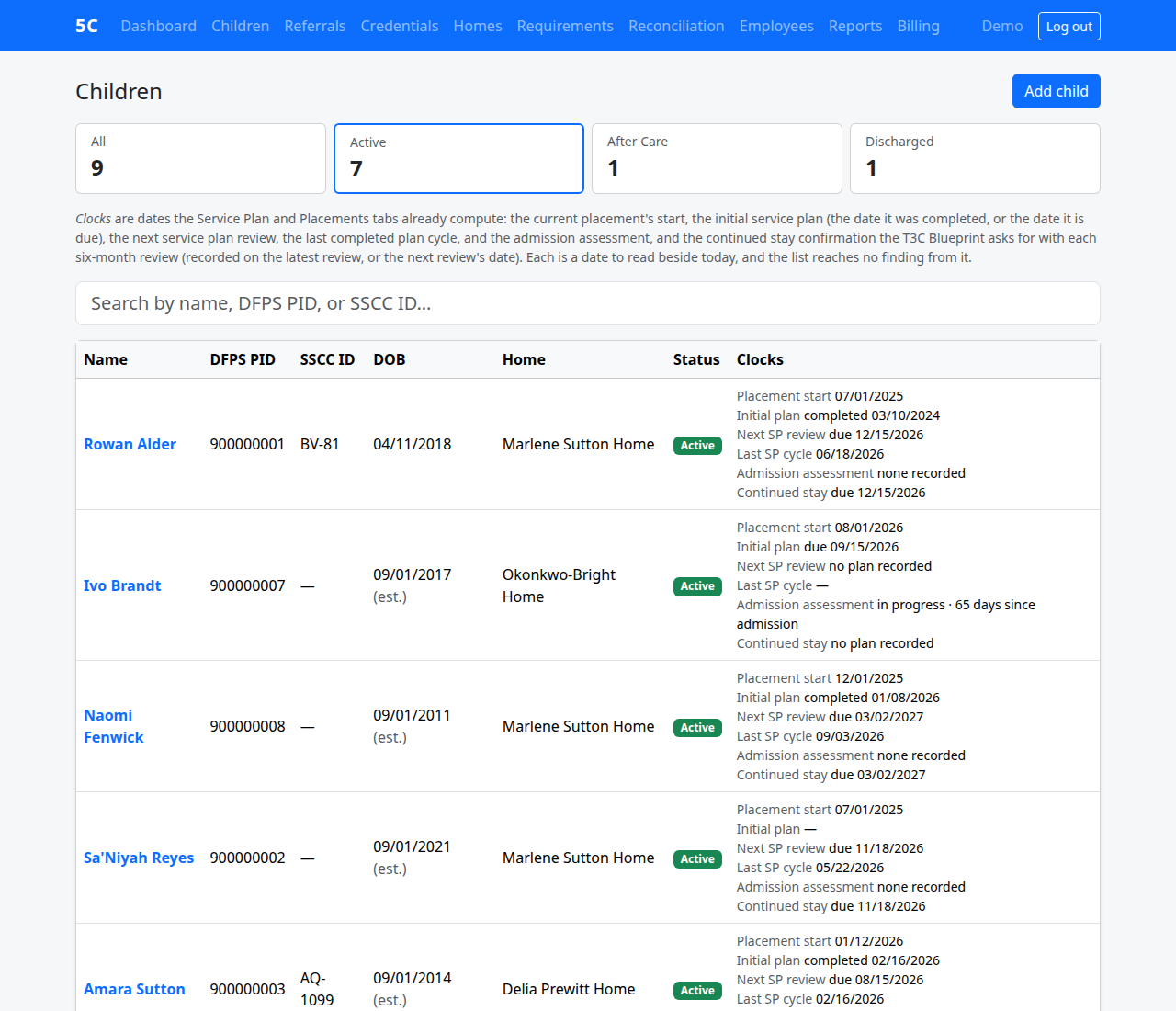 The Children list with its caseload cards, search box and clocks
