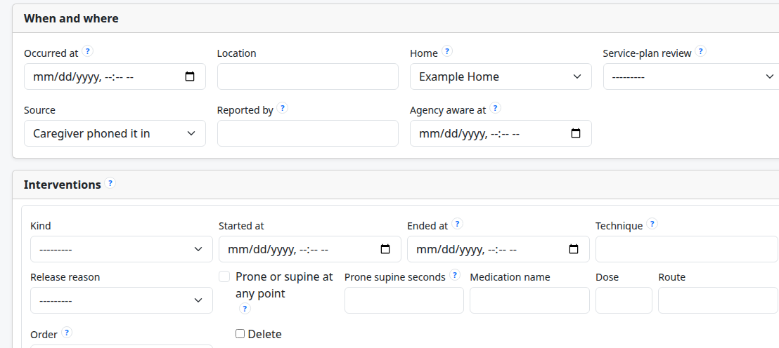 The top of the Record an EBI incident form: the When and where card and the first Interventions row