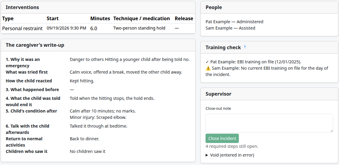 The lower part of an incident page for a made-up child: Interventions, The caregiver's write-up, People, Training check and the Supervisor card