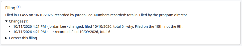 The Filing card after a correction: the corrected filing, the Changes list with the reason, and Correct this filing. Jordan Lee is a made-up demonstration supervisor